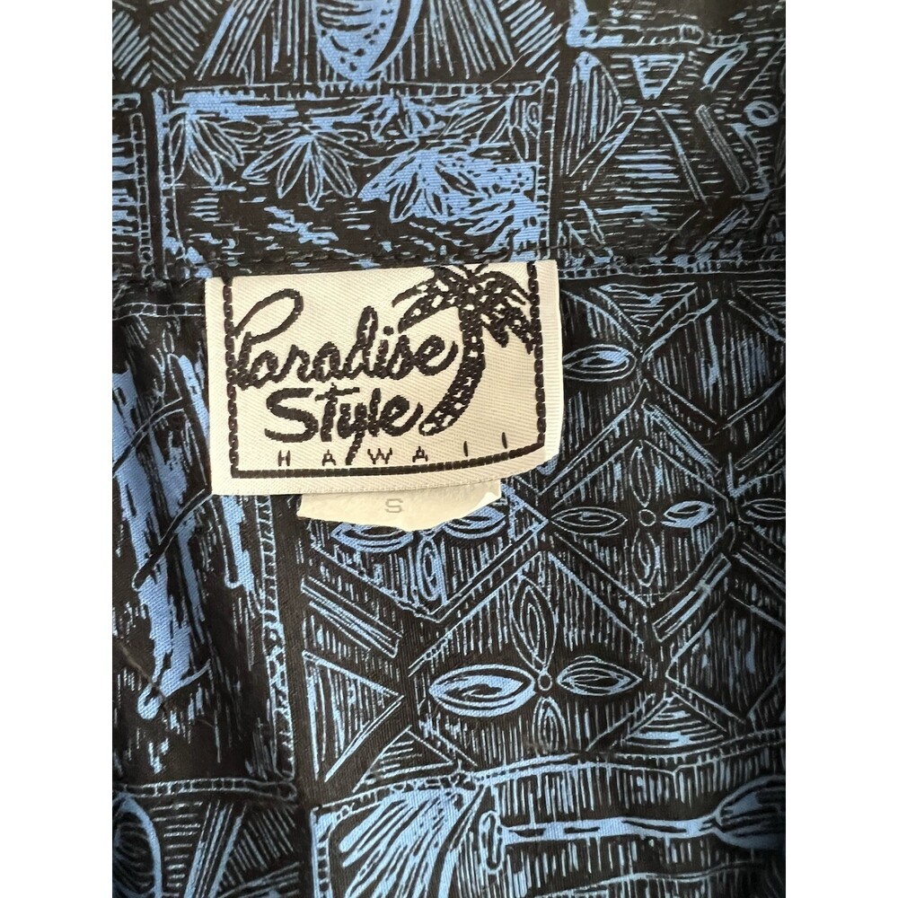 Vintage Men's Hawaiian Shirt 100% Cotton Aloha Tiki Block Print Style Blue Blk S - Picture 4 of 7